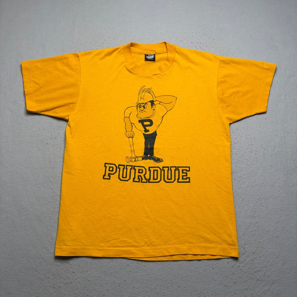 Screen Stars T-Shirt Men Large Yellow Purdue University 1987 Vintage 80s Pete